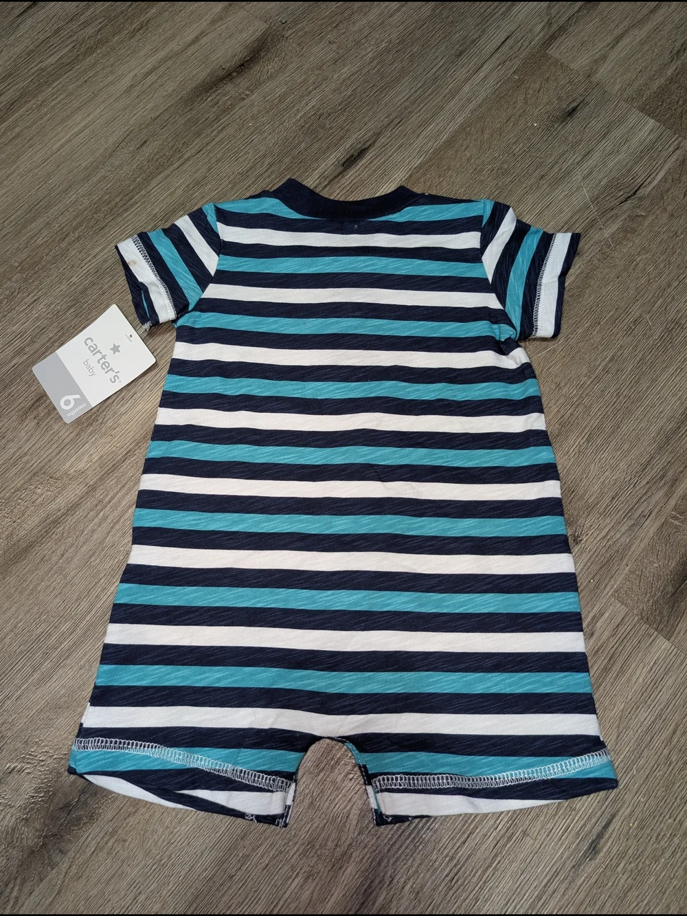 Carter's Teal, Navy & White Striped Short-Sleeve Romper Baby Boy 6M 100% Cotton